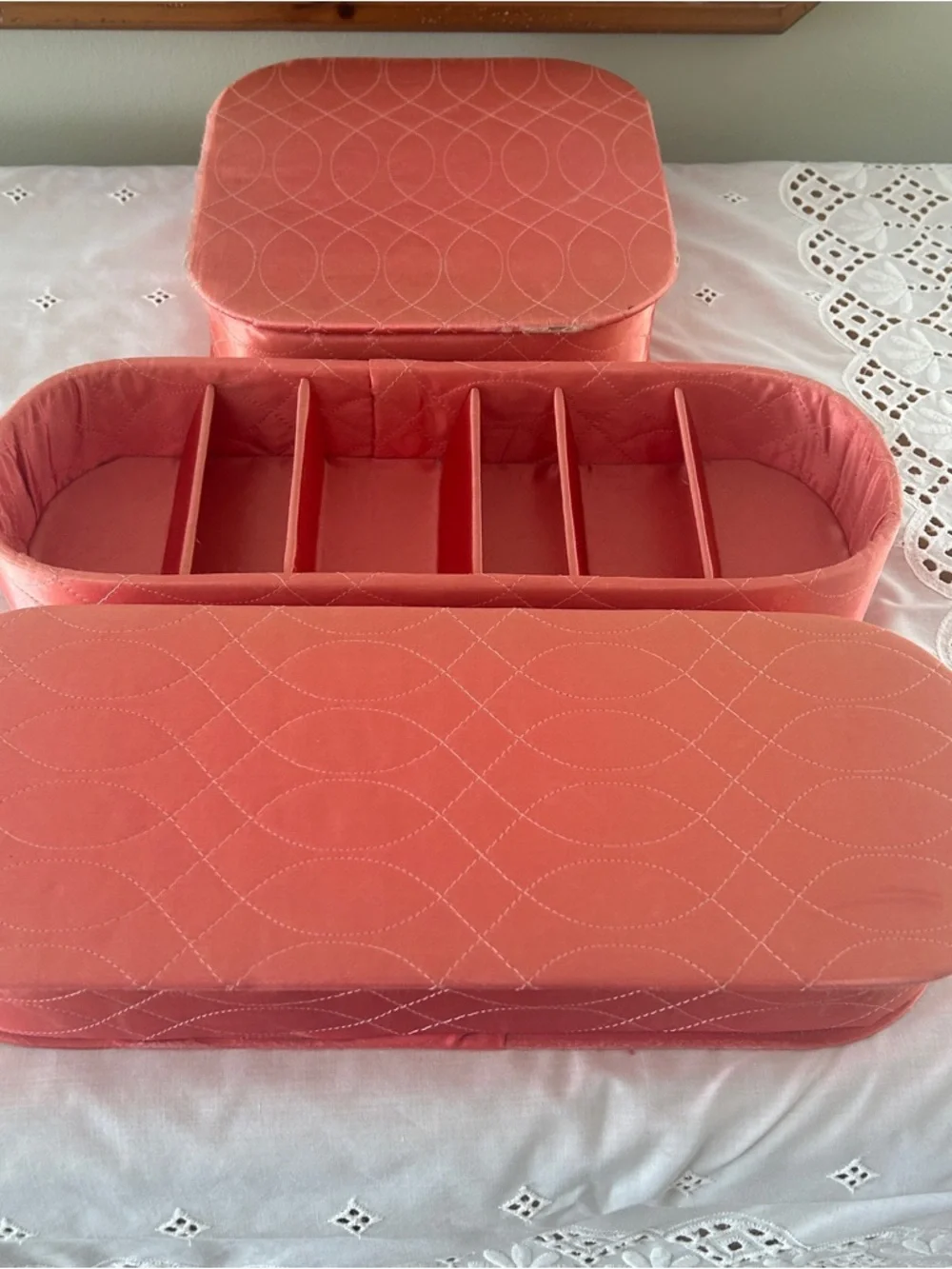 Vintage Jay Hawk NY Coral Pink Satin Vanity Boxes Set of 3 Dream House